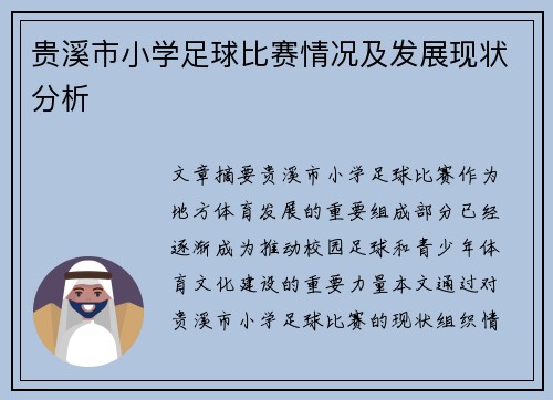 贵溪市小学足球比赛情况及发展现状分析