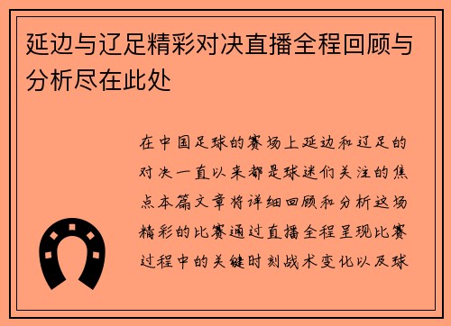 延边与辽足精彩对决直播全程回顾与分析尽在此处