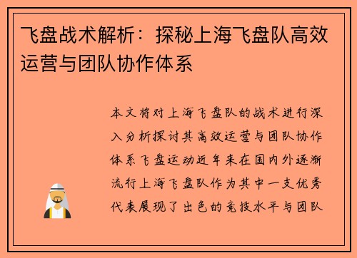 飞盘战术解析：探秘上海飞盘队高效运营与团队协作体系
