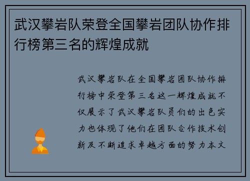 武汉攀岩队荣登全国攀岩团队协作排行榜第三名的辉煌成就